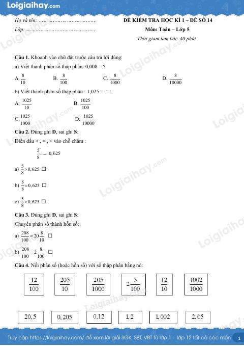 Đề số 14 - Đề kiểm tra học kì 2 - Toán lớp 5